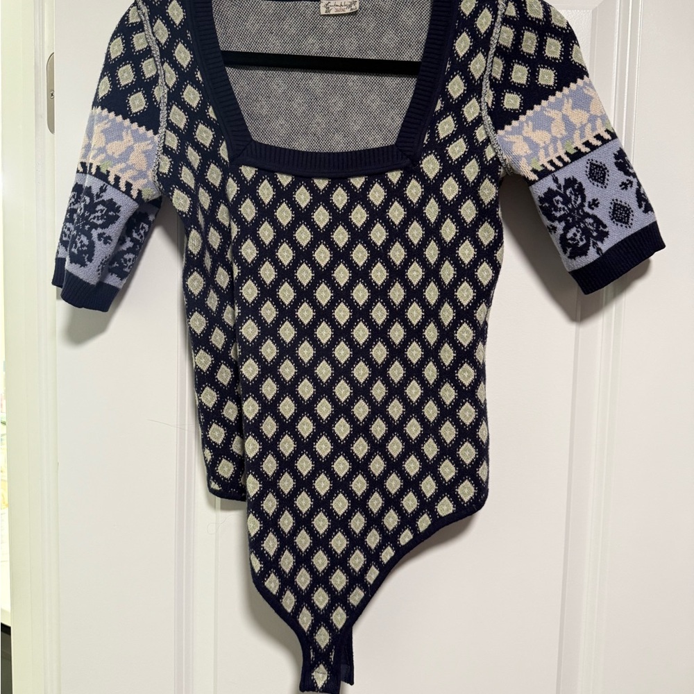 Free People Navy and Cream Patterned Bodysuit